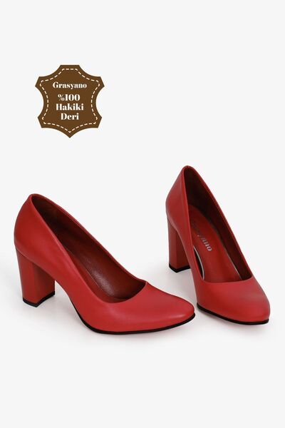 Grasyano Hakiki Deri Kırmızı Sade Comfort Premium Yumuşak Deriden 7,5 Cm Kırılmaz Kalın Topuklu Ayakkabı