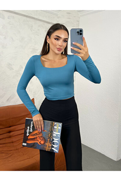 modavingo Синій квадратний комір, укорочений жіночий баді - подвійний шар TPZ3114