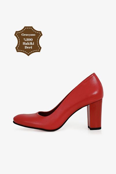 Grasyano Genuine Leather Red Plain Comfort Premium Soft Leather 7.5 Cm Unbreakable Thick Heeled Shoes