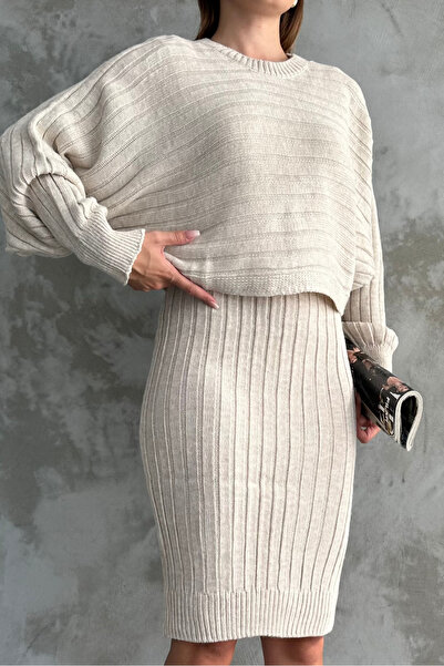 macharel jeans Bat Sleeve Double Knitwear Set - Stone Dress/Sweater
