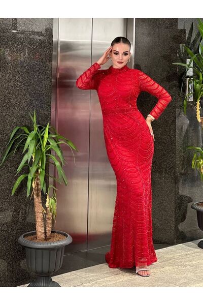 hanımefendi Uzun Kollu Kapalı Taş Detaylı Uzun Tesettür Abiye Elbise