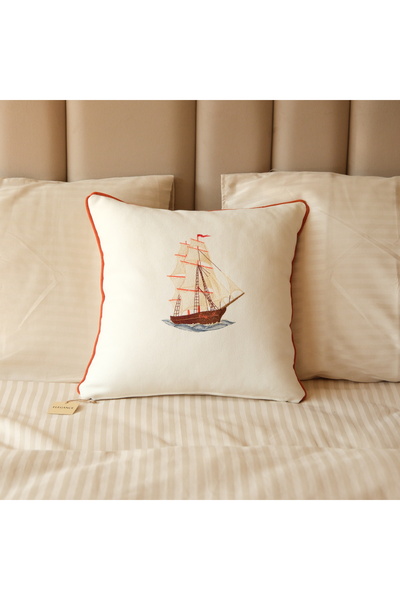 Home Marin Desen Gemi Nakışlı Keten Kırlent Kılıfı