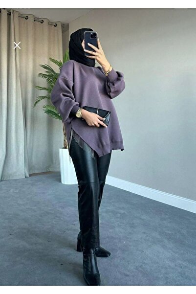 Sfg Life Moda Πέτρινη Λεπτομερής λαιμόκοψη ποδηλάτου με σχισμή πλεκτό χιτώνα μεγάλου μεγέθους - μπαλόνι μανίκι