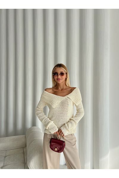 Laluvia Cremefarbener, rustikaler Strick-Cardigan mit Kragen-4358