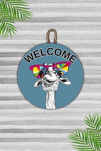 Dormot Home Modern Blue Floor Wooden Door Ornament - Glasses Llama Wall Door Ornament