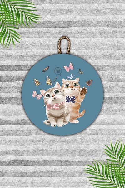 Dormot Home Modern Wooden Door Ornament - Hi Cat and Cat Door Ornament with Blue Background - Outdoor Door Ornament