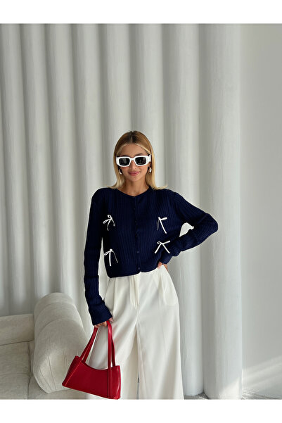 Laluvia Sötétkék mini szalagos gombos kardigán-4375