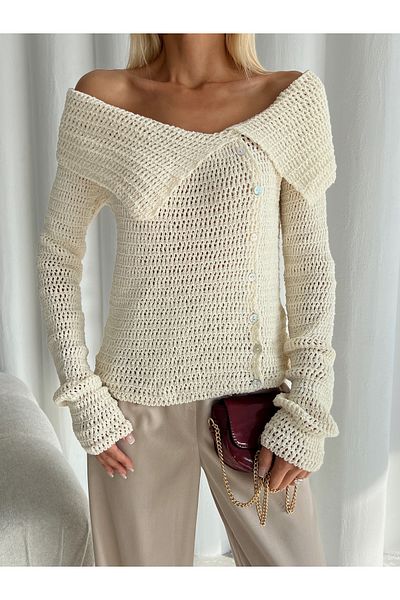 Laluvia Cremefarbener, rustikaler Strick-Cardigan mit Kragen-4358