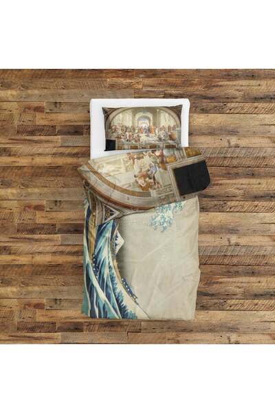 The Lucid Lab Atina Okulu & Kanagawa Oki Nami Ura Çift Taraflı Nevresim Takımı - 200 cm x 220 cm