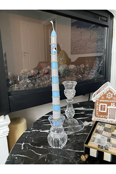 Handmade 1 adet pip love birds serisi kuşlu mavi şamdan mum gold detaylı (mavi)