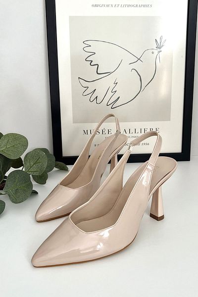 POLKA STORE Spark Piele lacuita bej piele nuda varf ascutit spate deschis rochie stiletto de seară pantofi de damă cu toc