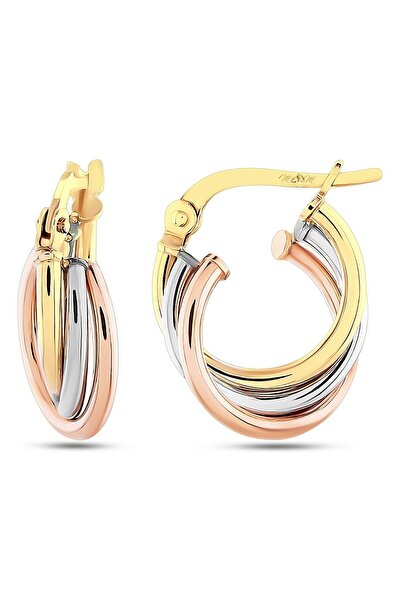 MOOM MÜCEVHERAT Kadın 14 Ayar Altın 3 Renk Sarı Beyaz Rose Halka Küpe