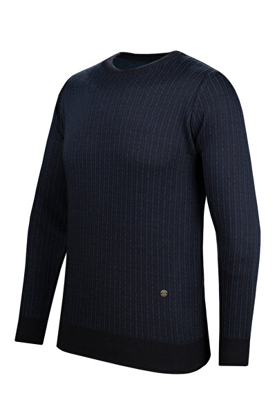 Çizgi Triko Ανδρικό πλεκτό πουλόβερ σε ρίγες - λαιμόκοψη, διακοσμημένα μανίκια και ελαστική μέση, ατσάλινο πλεκτό Classic - 5004C