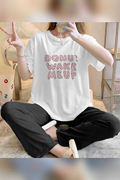 Trendglow White Black Donut Printed Cotton Women's Pajamas Set - Wide Leg Crew Neck T-Shirt