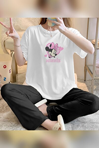Trendglow Minnie Printed White Black Women's Cotton Pajamas Set - Wide Leg Crew Neck T-Shirt