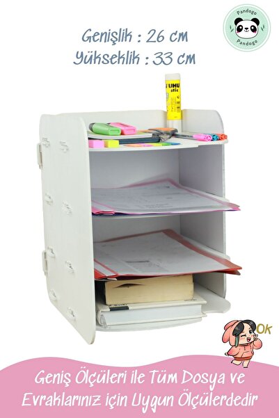 Pandogo Masaüstü Ahşap Dosya Düzenleyici A4 Evrak Rafı Dosyalık Beyaz Renk Model 2