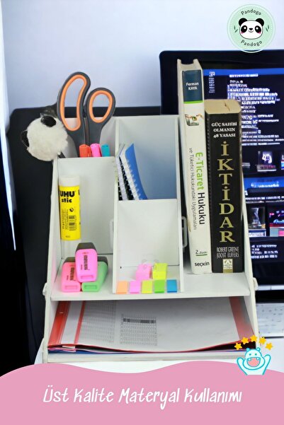 Pandogo Masaüstü Ahşap Dosya Düzenleyici A4 Evrak Rafı Dosyalık Beyaz Renk Model 4