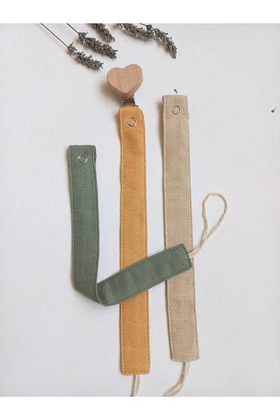 sbbaby Muslin Wooden 3-Piece Pacifier Strap with Heart Clips Green Mustard Beige