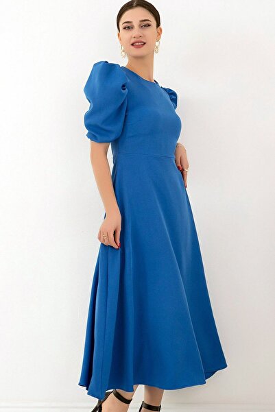 Ottawe Kısa Balon Kollu Bisiklet Yakalı Fermuarlı Bel Oturtmalı Tam Kalıp Mid...