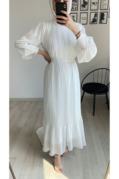 CYM Butik White Pleated Chiffon Hijab Dress