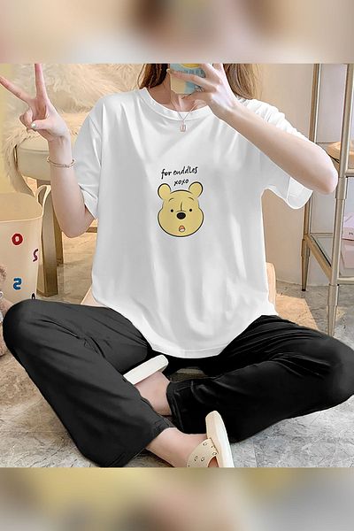 Mythologie Set de lenjerie de dormit din bumbac pentru femei Winnie Printed Endless - alb negru, picior lat, tricou cu gât crew