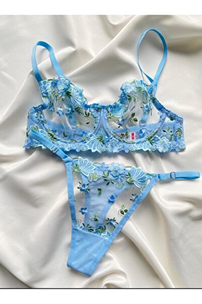 ARONA Mavi Çiçek Desenli Balanli,Peridot,Bralet Sütyen Takımı