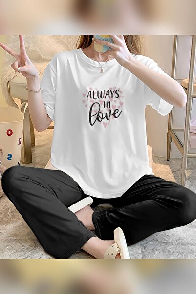 Trendglow Always Printed White Black Women's Cotton Pajama Set - Wide Leg Crew Neck T-Shirt