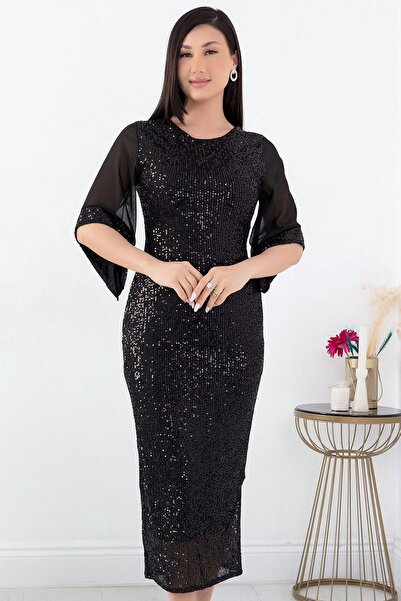 Ottawe Yuvarlak Yaka Kısa İspanyol Tül Detaylı Kol Fermuar Fit Kesim Pul Paye...