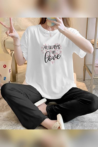 Mythologie Set de pijamale din bumbac pentru femei Always Printed, alb, negru - Tricou cu gât larg