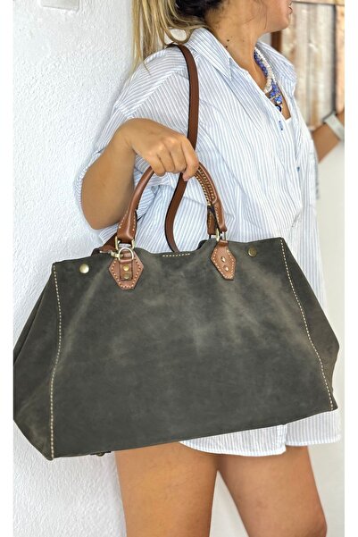 Tuvita Collection Bodrum %100 Gerçek Süet Deri El Yapımı Antrasit Taba Büyük Kadın Kol Omuz Çantası
