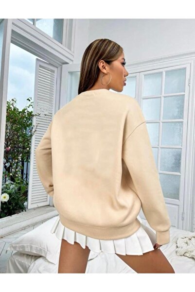 AFROGİYİM Dámská oversize béžová mikina Michelangelo Hand Crew Neck