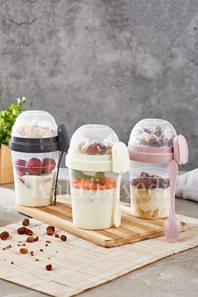 KaktüsKedi 3'lü Set Çatal Ve Kaşıklı Hazırla Ve Çık Meyveli Yoğurt Kabı - Yem...