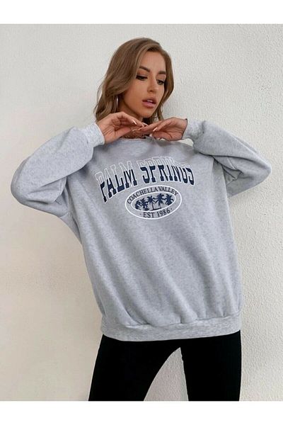 AFROGİYİM Women's Gray Oversize Navy Blue Palm Springs Printed Knitted Fleece Sweatshirt