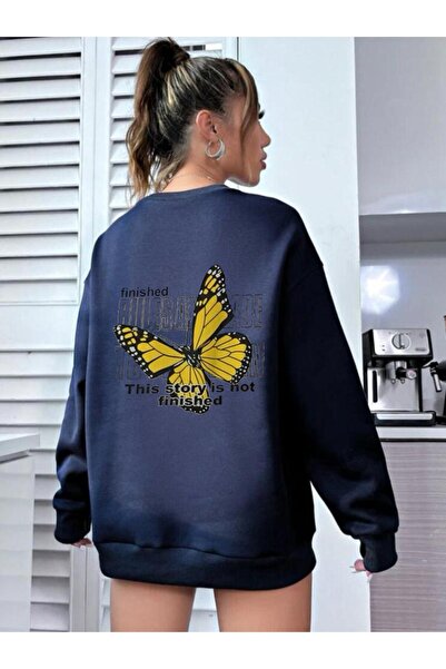 AFROGİYİM سويت شيرت نسائي كبير الحجم مطبوع عليه فراشة من الخلف باللون الأصفر