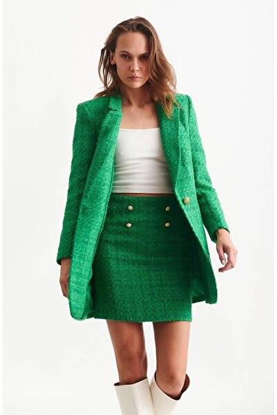 dükkan10butika طقم جاكيت وتنورة نسائي من قماش التويد باللون الأخضر