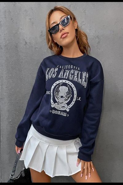 AFROGİYİM Women's Navy Blue Oversize Los Angeles Printed Sweatshirt