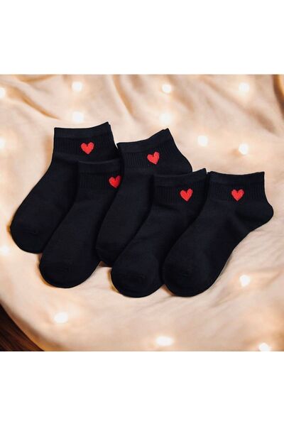 Çorabistaan 5 Çift Siyah Kalp Desenli Yarım Kısa Konç Kadın Tenis Kolej Çorap...