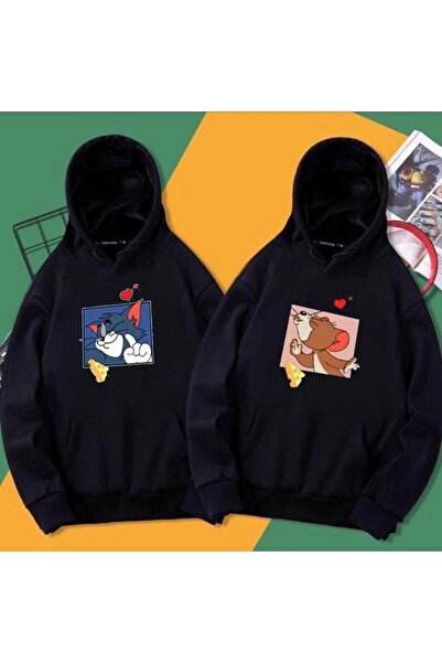 AFROGİYİM Unisex 2 Li Siyah Kalp Tom Ve Jerry Baskılı Oversize Hoodie