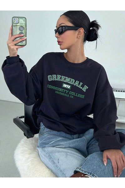 AFROGİYİM Unisex Greendale 1972 Community Printed Oversize φούτερ με λαιμόκοψη
