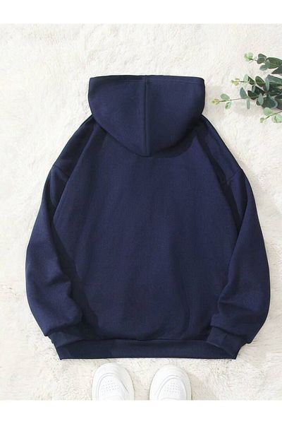 AFROGİYİM Unisex Navy Blue Bridge To Brooklyn Printed Oversize Hoodie Hoodie