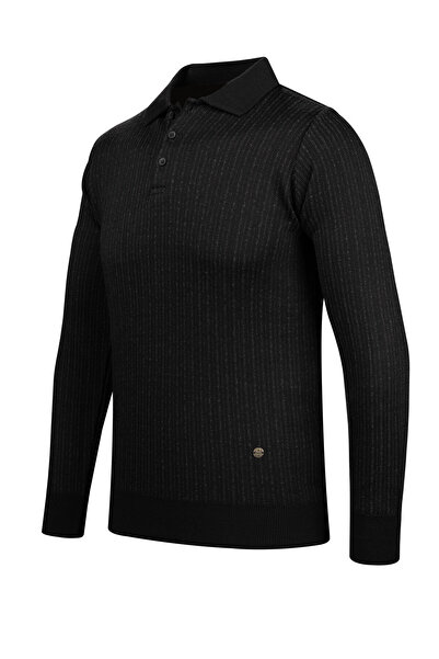 Çizgi Triko Ανδρικό πλεκτό πουλόβερ με ριγέ γιακά πόλο - Διακοσμημένα μπράτσα και ελαστική μέση, ατσάλινο πλεκτό κλασικό σχέδιο - 5004F