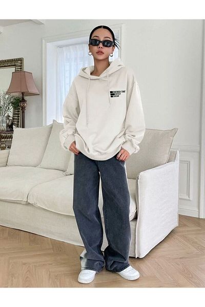 AFROGİYİM Γυναικείο φούτερ Cheris Time Printed με κουκούλα Oversize