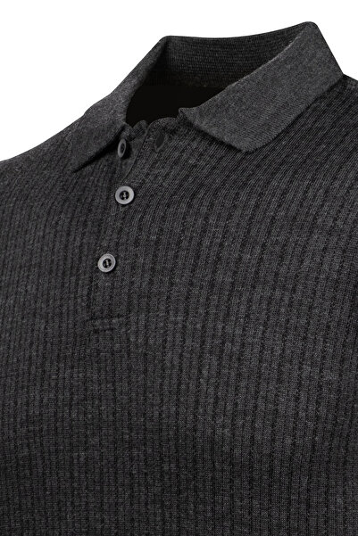 Çizgi Triko Ανδρικό πλεκτό πουλόβερ με ριγέ γιακά πόλο - Διακοσμημένα μπράτσα και ελαστική μέση, ατσάλινο πλεκτό κλασικό σχέδιο - 5004F