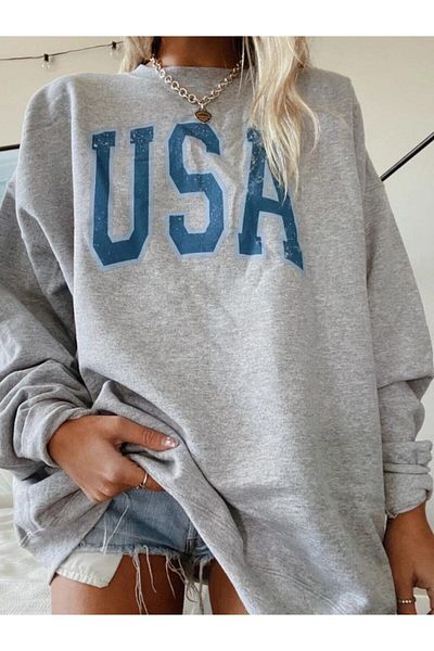 AFROGİYİM Bmgiyim Women's Gray US Sweatshirt - USA Printed