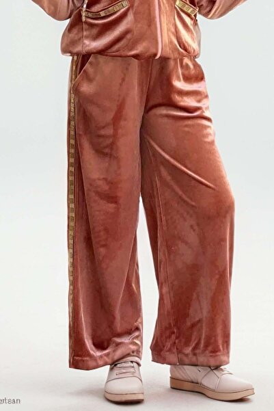 Riccotarz Girl - Gold Thread and Stripe Detailed Fur Hooded Dried Rose Tracksuit Set