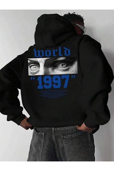 AFROGİYİM Унисекс отпред и отзад 1997 Световно щамповано суичър с голяма качулка