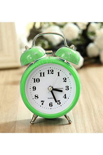 KaktüsKedi Yeşil Dekoratif Metal Işıklı Alarmlı Yuvarlak Masa Saati | Çalar Saat