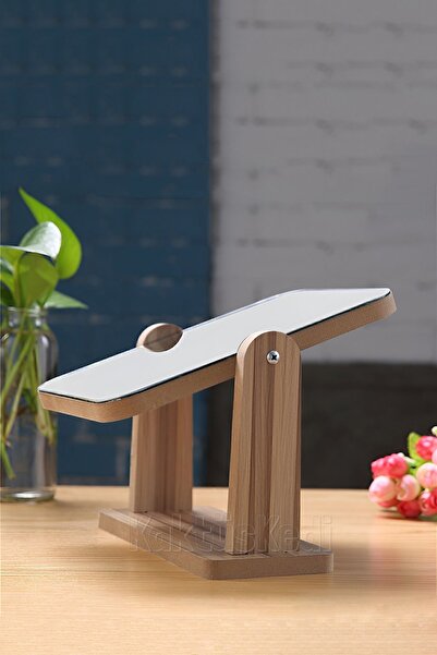 KaktüsKedi Ahşap Ayarlanabilir Makyaj Aynası | El Aynası | Masa Aynası