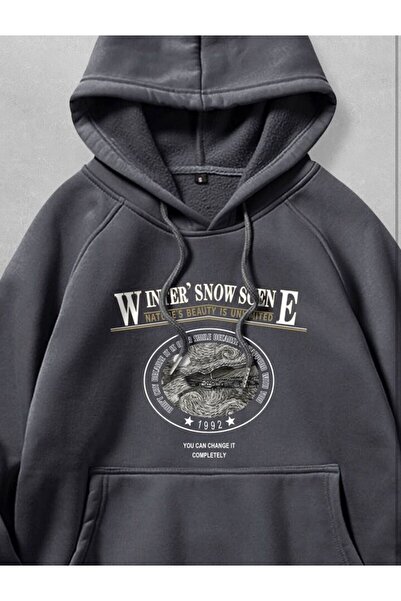 AFROGİYİM Unisex Winner Snow Printed Fleece Hooded Sweatshirt