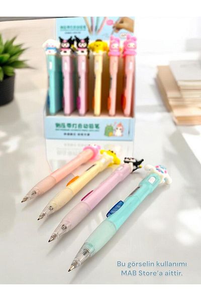 MAB Set of 4 Colorful Illuminated Pens - 0.7 mm Tip and Cute, Kuromi Figure Side Press Okua Return Gift